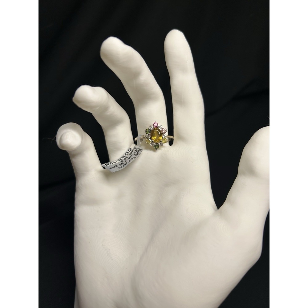 Sterling Silver Ring Multicolored Tourmaline cluster in a floral design size 9.5
